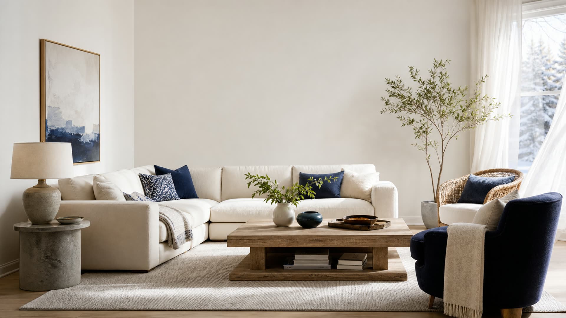 A bright, airy living room with cool, clean light on a summer afternoon
