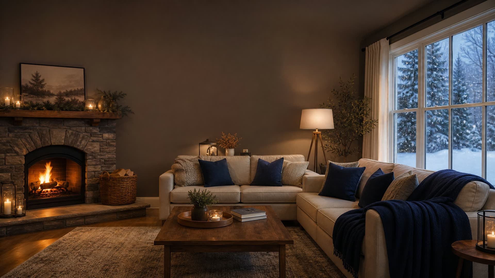 A cozy Ontario living room with a warm fireplace glow on a snowy winter evening