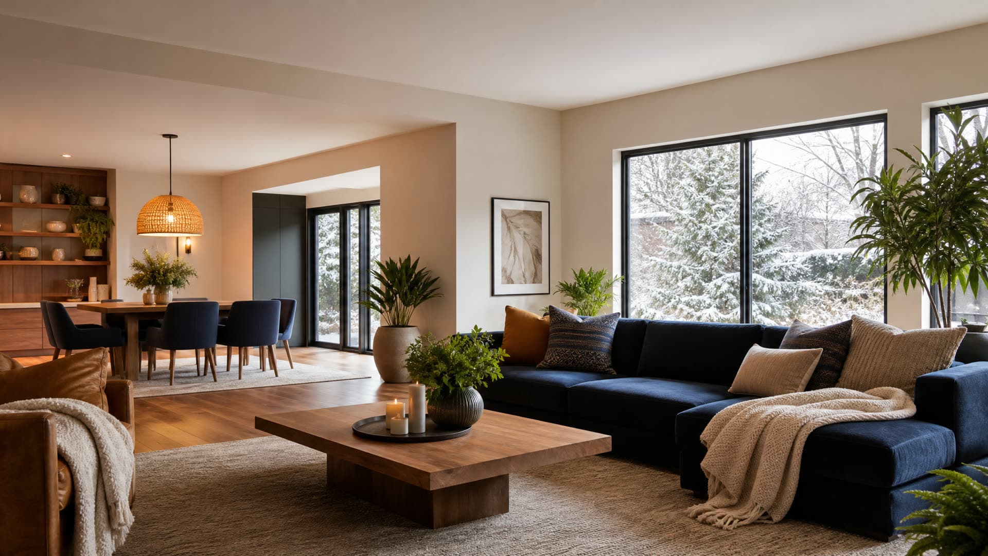 A comfortable modern living space with a snowy garden through large windows
