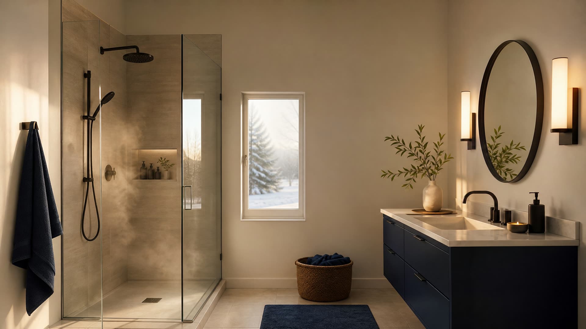 A compact modern bathroom with a glass shower and warm golden light
