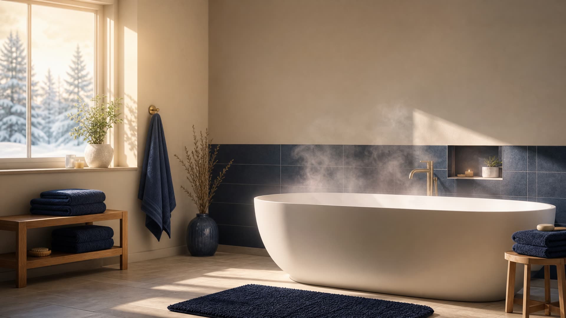A serene modern bathroom with warm morning light and rising steam