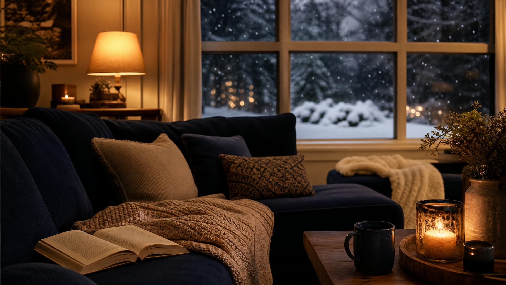 A cozy living room on an Ontario winter evening with snow falling outside