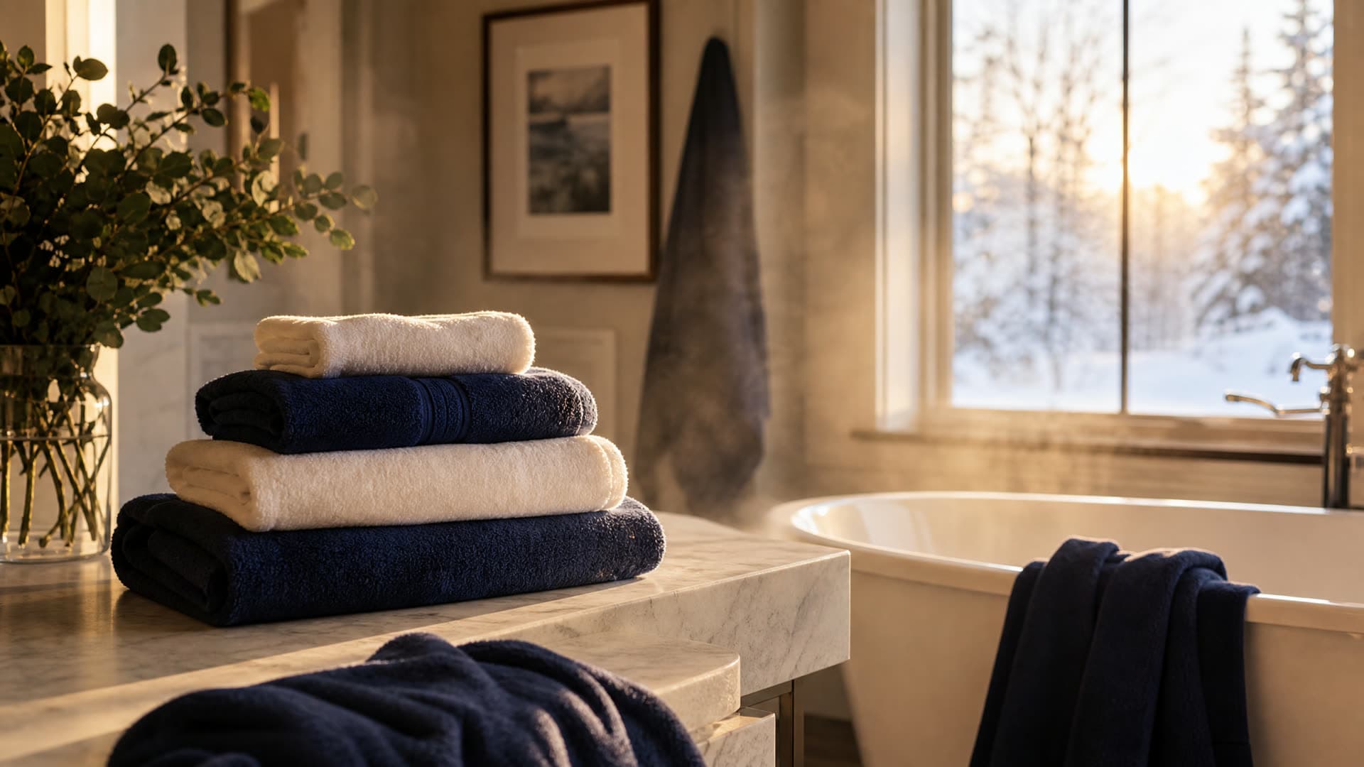 A warm family bathroom with soft steam and golden morning light