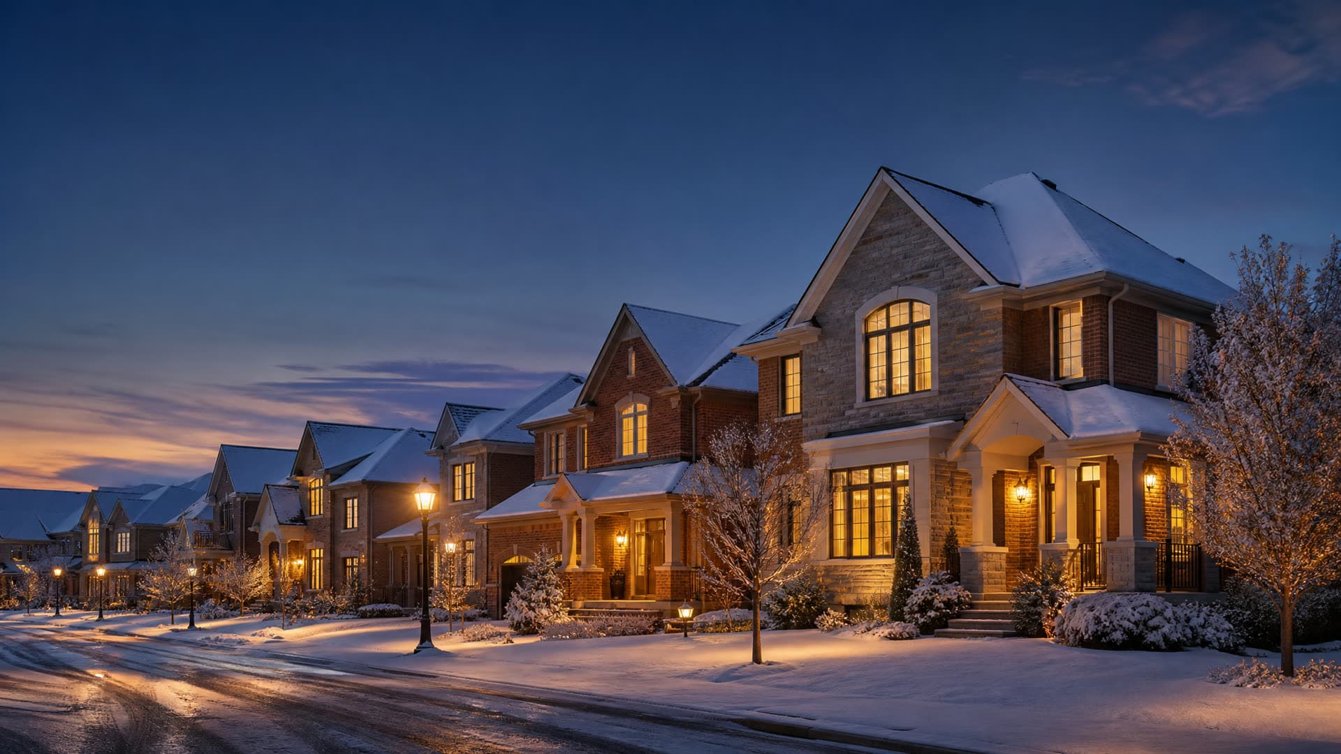 A quiet street of family homes under fresh winter snow at golden hour