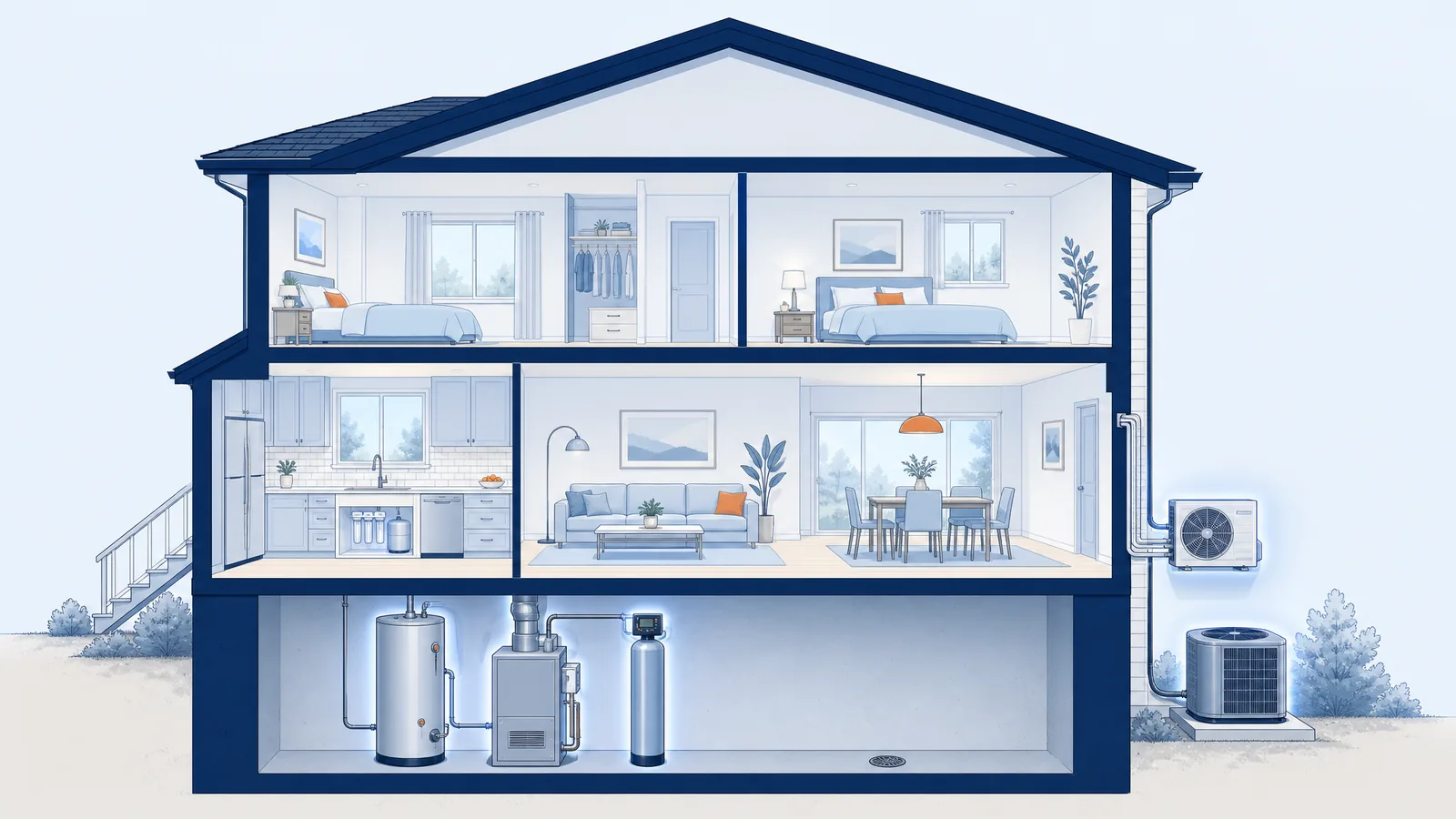 Cutaway of a home showing where Arctic installs each piece of equipment: water heater, furnace and whole-home water treatment in the basement, a filter under the kitchen sink, and a heat pump and air conditioner outside.