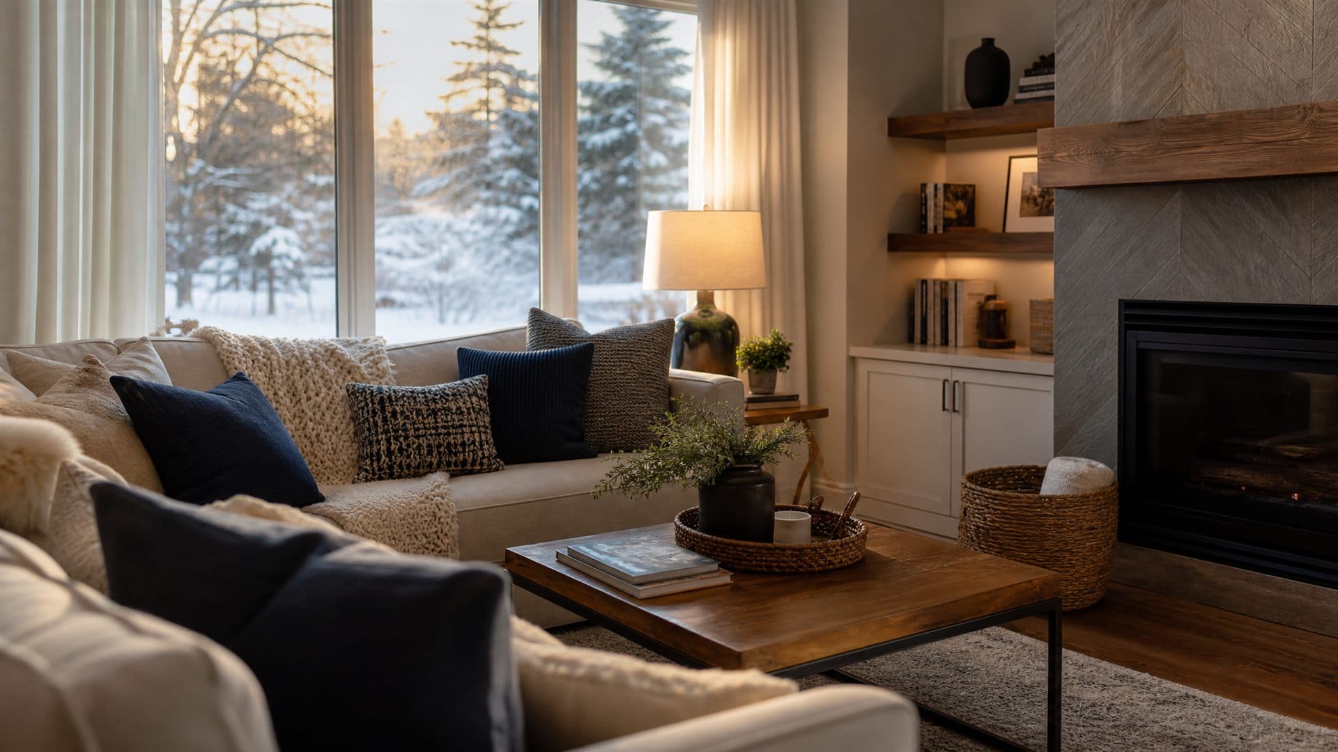 A warm, comfortable living room with a fireplace on a snowy Ontario winter afternoon